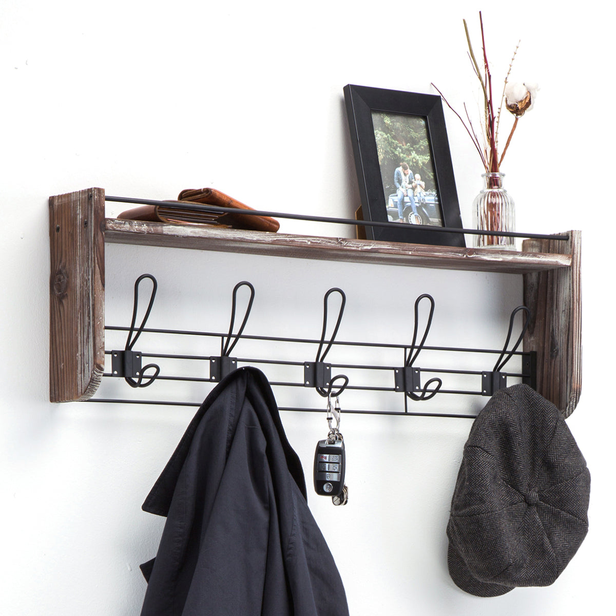 Rustic Entryway Coat Rack Storage Shelf with 3 Double Hooks – J