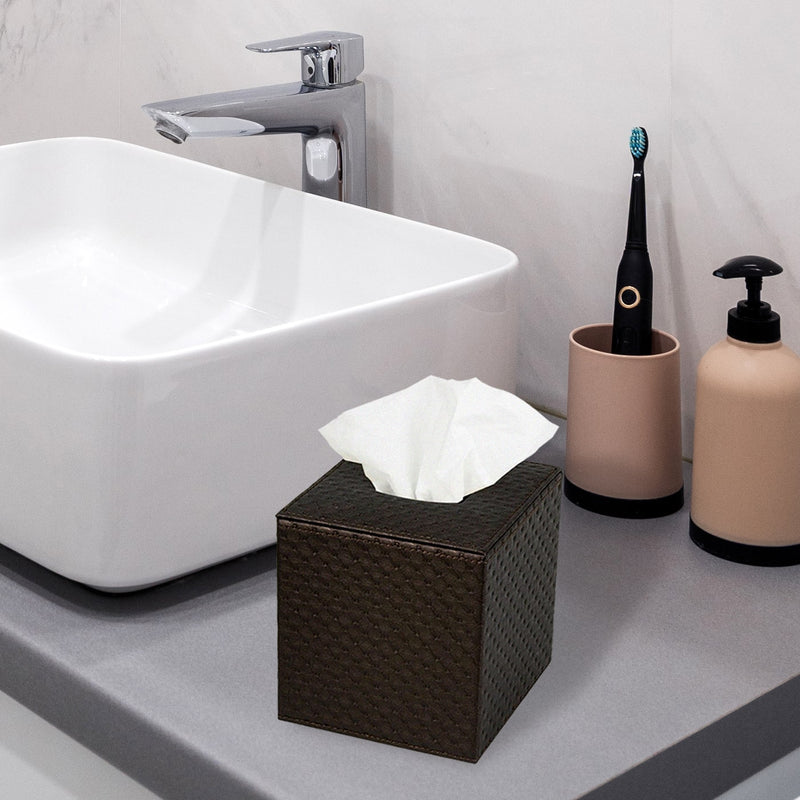 Tissue Box Cover Rectangular PU Leather Facial Tissue Dispenser Box Holder  for Dresser Bathroom Decor (Brown)