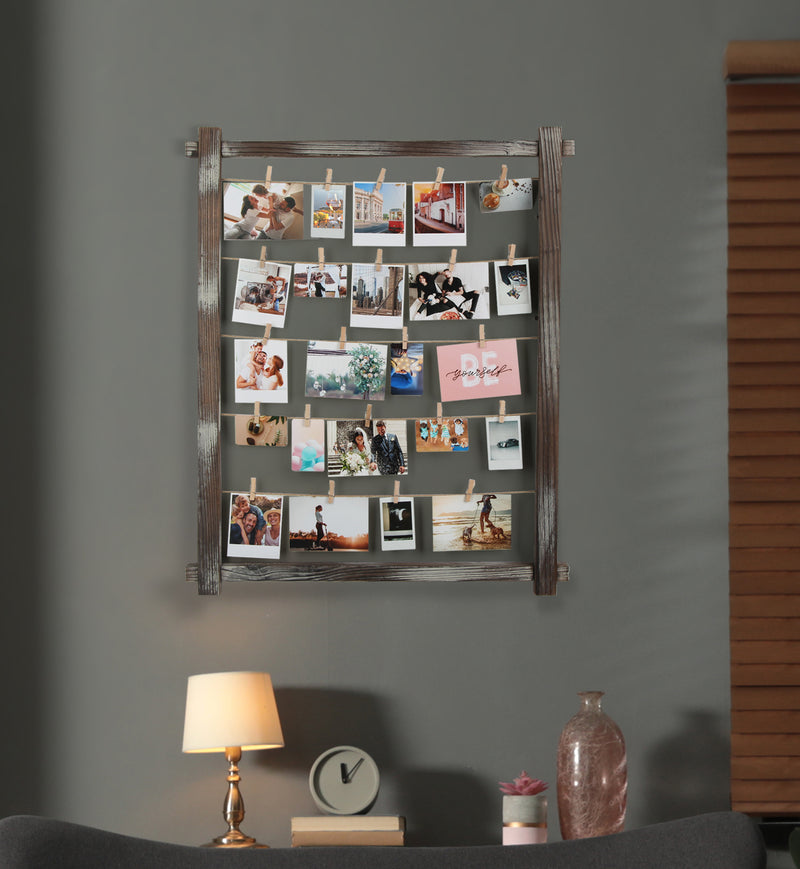 Wall Mount Rustic Wood Clip Photo Holder with 24 Clips – J